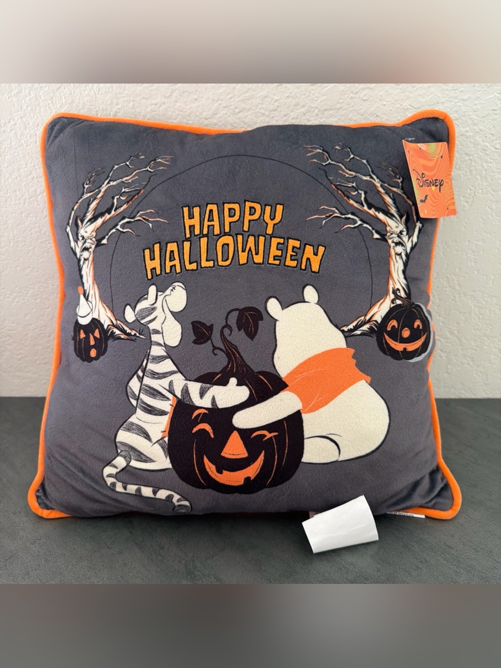 Aldi x Disney Halloween 2026 Throw Pillow Pooh Tigger Pumpkins Woods Orange Gray